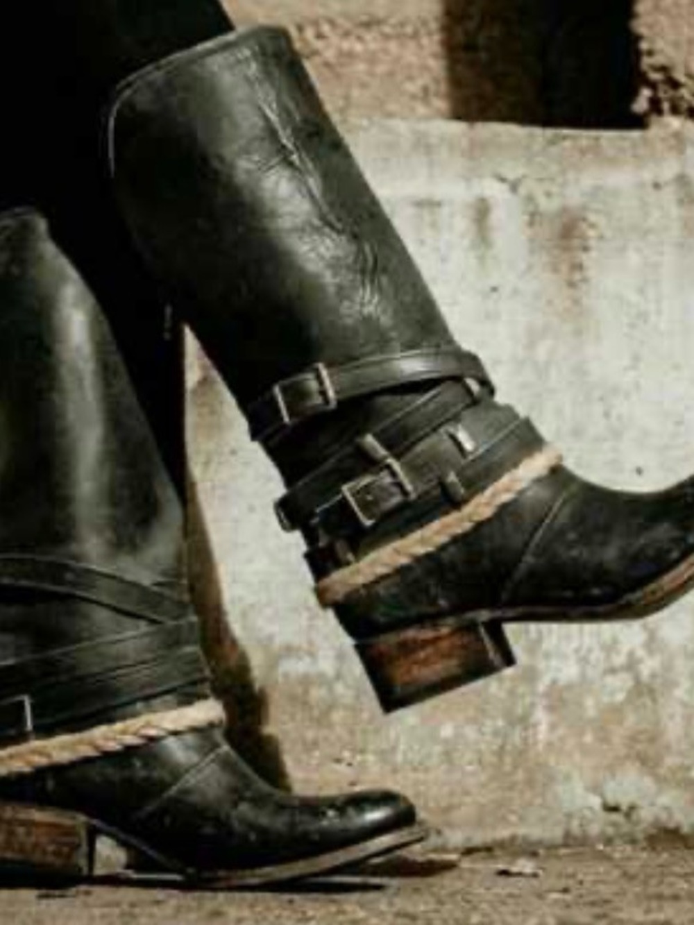 Freebird by Steven Black Leather Combat Moto Boots with Rope Trim
